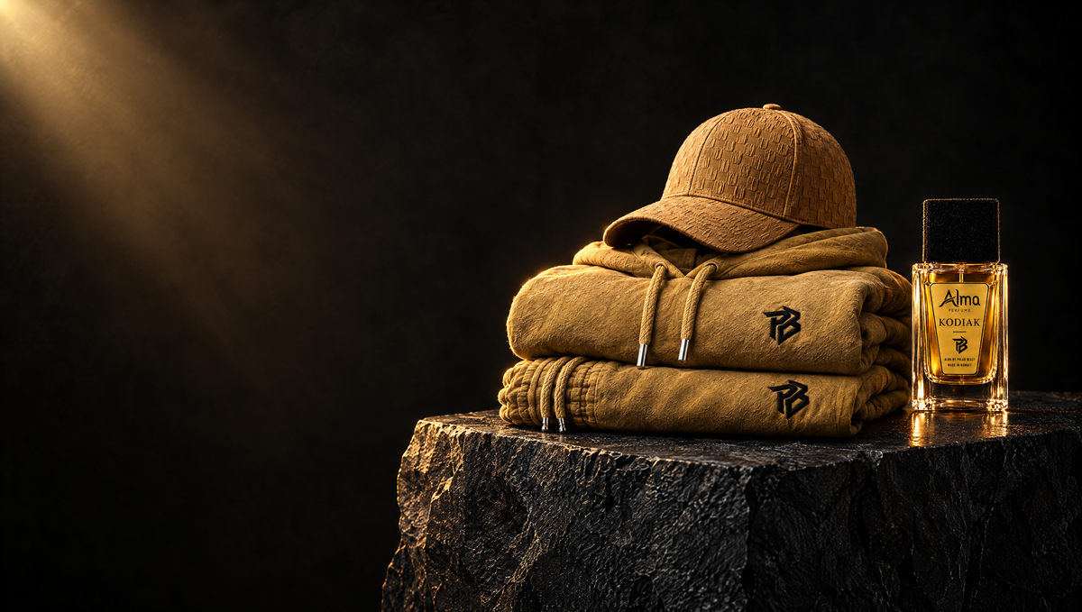 Polar Beast gold fleece set, Signature cap and Alma perfume on dark stone